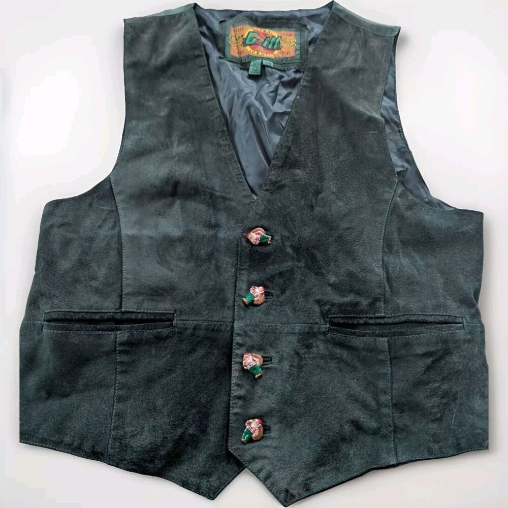G-III G-3 Global Identity Cuero Piel Green Leather Vest w/ Santa Buttons Sz L